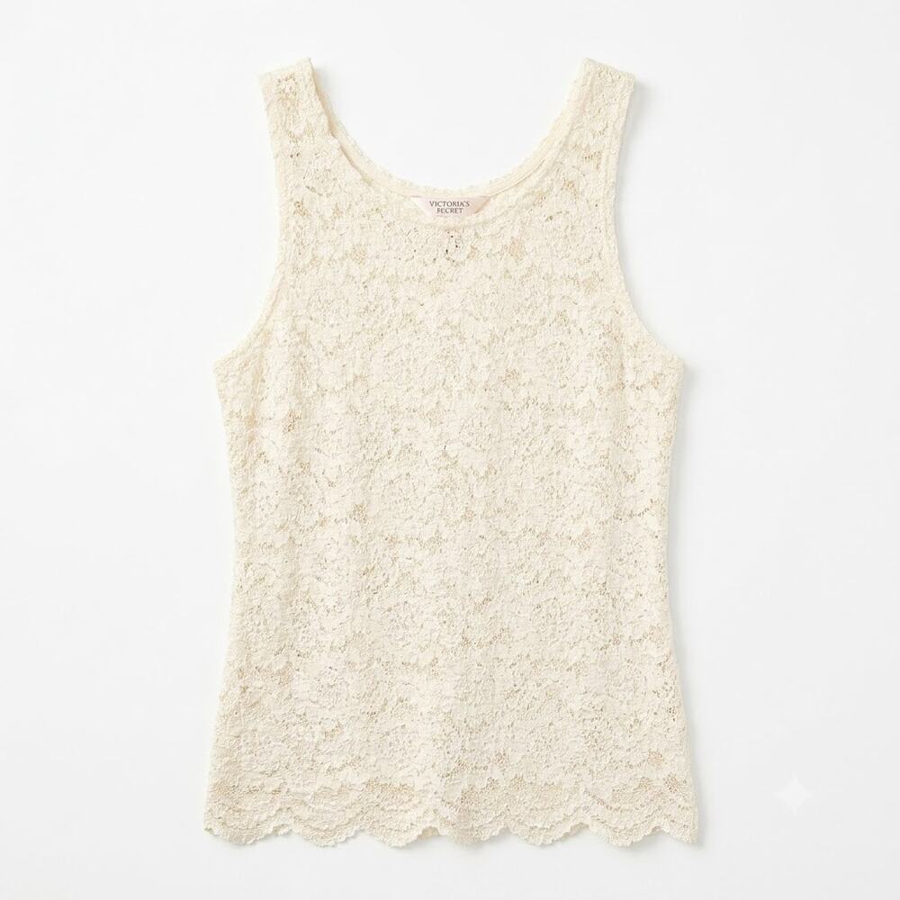 VICTORIAS SECRET Vintage 90s Gold Label Lace Tank Top Ivory USA Womens Medium